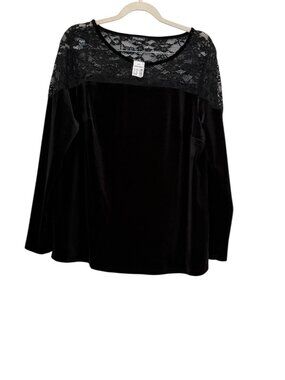 Roz & Ali Black Stretch Velvet Top Sz XL Lace Long Sleeve Dress Barn Whimsygoth
